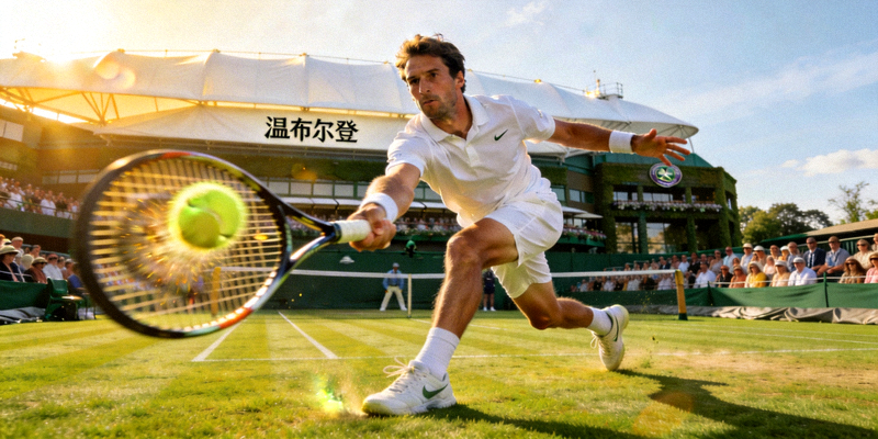 温布尔登网球锦标赛男单决赛，选手在草地上奋力击球